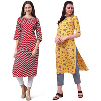 LookMark Women's Crepe Maroon & Yellow Color 3/4 Sleeve Straight Printed Kurta | Kurti Combo Pack of 2 (AZ-K1021-K1100-S)