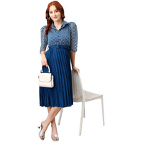 Femvy Designer Printed Georgette and Pleated Crepe Dresses for Women 2021 Blue