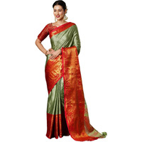 Satrani Women's Self Woven Banarasi Jacquard Kanjivaram Silk Blend Saree with Unstitched Blouse Piece (3746S2646N_Pista Green & Red)