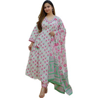KLOSIA Women Block Printed Kurta and Pant Suit with Dupatta Set (Small) White