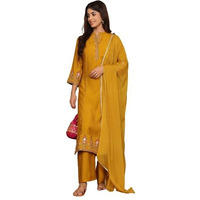 Varanga Women Yellow Silk Mandarin Collar Kurta Set with Dupatta  Silk Kurta with Mandarin Collar, Three-Quarter Sleeves, Paired with Coordinated Bottom and Dupatta