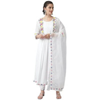 PATLANI Women's Micro Malay Embroidered Straight Kurti Palazzo Pants Set with Dupatta.(Multi-White-S)