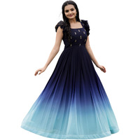 LAZZLY Women's Georgette Anarkali Knee-Length Dress (453453_Blue White