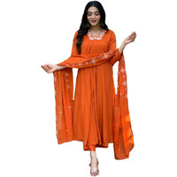 ANNI DESIGNER Women's Rayon Blend Anarkali Thread Work Kurta with Pant & Dupatta (ASHVTHAMA Orange_S_Orange_Small)