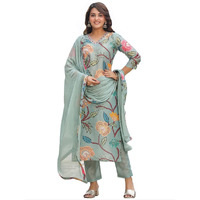 ANNI DESIGNER Women's Cotton Blend Straight Printed Kurta with Pant & Dupatta (Twig Pista_XL_Pista_X-Large)
