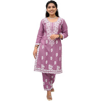BHARVITA Women Embroidered Cotton Blend Lucknowi Chikankar Kurti Pant (2XL, Peach)