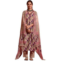 NAINVISH Women's Beige Printed Straight Rayon V-Neck Kurta Pant with Dupatta (SD691_KBD-XXL)