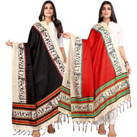 KEMZA Women's Warli Printed Cotton Silk Dupatta (Black-Red) with Traditional Print Surface Pack of 2
