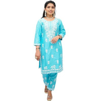 BHARVITA Women Embroidered Cotton Blend Lucknowi Chikankar Kurti Pant (XL, Firozi)