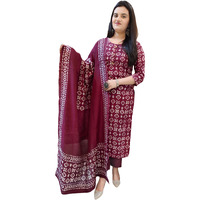 BHARVITA Women's Cotton Blend Straight Printed Kurta with Pant & Dupatta (in, Alpha, 3XL, Regular, Maroon)
