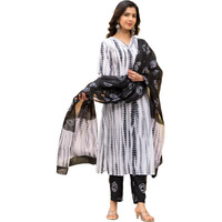 KLOSIA Women Shibori Printed Straight Kurta and Pant Set with Dupatta (Large) White
