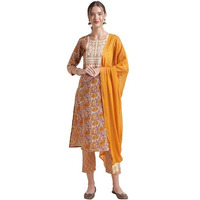 NAINVISH Women's Cotton Blend Embroidered Straight Round Neck Kurta Pant with Dupatta (SD546_KBD-XL_Yellow)