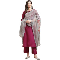 Varanga Women Magenta Zari Embroidery Kurta Trouser Set with Floral Printed Organza Dupatta  Elegant Ethnic Wear for Women, Perfect for Festive & Special Occasions