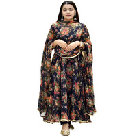 GoSriKi Women's Georgette Anarkali Printed Kurta with Pant & Dupatta (Atasi Blue-Nw2_L-GS_Dark Blue_Large)