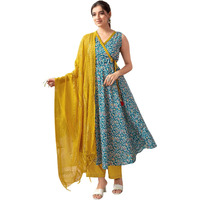 Sanisa Women's Cotton Blend Digital Foil Printed Anarkali Kurta with Pant and Dupatta Set (67KBD766NB-XL_Teal Blue & White & Multi)