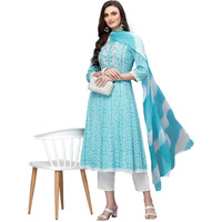 Stylum Women's Bandhej Printed & Embroidered Anarkali Kurta Pant Dupatta Set (KPDCLOUDY40_Turquoise, L)
