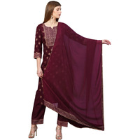 ANNI DESIGNER Women's Cotton Straight Kurta with Pant & Dupatta (KPTD-COT-10132-Maroon_L_Maroon_Large)
