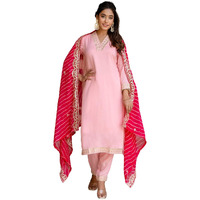 Navlik Women's Pink Viscose Embroidered Straight Kurta with Viscose Pant and Silk Blend Laced Dupatta Sets (NK2-450-Pink-M)