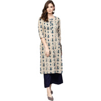 YUFTA Beige & Navy Blue Printed Pure Cotton Plus Size Kurta_(1555PKURBG_5XL)
