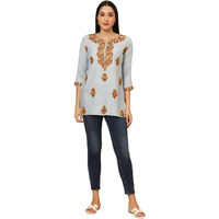 VAIRAGEE Women's Rayon Straight Cut Round Neck Kurta with Beautiful Lucknowi Chickenkari Work (1681) Grey