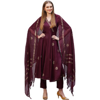 GoSriKi Women's Rayon Blend Printed Anarkali Kurta with Pant & Dupatta (Berlin Wine-NB-GS_XL_Wine_X-Large)