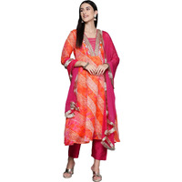 Varanga Women's Cotton Skater Kurta, Kurta Bottom Set, and Dupatta Set  Comfortable & Stylish Ethnic Wear for All-Day Wear in Vibrant Orange and Pink with Intricate Detailing (Small)