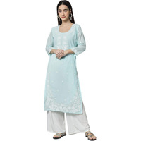 Ekasya Women's Georgette Straight Cut Round Neck Kurta with Beautiful Floral Lucknowi Work (E1542) Sky