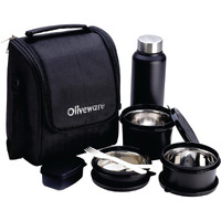 SOPL-OLIVEWARE Teso Lunch Box with Plastic Cutlery, 3 Microwave Safe Inside Steel Containers with BPA free Lids (290ml, 450ml & 600ml), Plastic Pickle Box (130ml), Steel Water Bottle (750ml) - Black