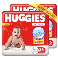 Huggies Dry Tape | Adjustable Tape Style Diapers, Newborn (NB) Size (0-5 Kgs), Combo pack of 72 | Up To 2X Faster Absorption, Up To 12 Hours Overnight Absorption