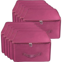 Storite 10 Pack Nylon Wardrobe Bag Underbed Moisture Proof Cloth Storage Organizer, Storage box for Clothes Saree Bags with Zippered Closure & Handle (Magenta, 37x34x23 cm) Square