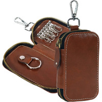 Storite PU Leather Large Key Case Pouch Wallet Keychain Key Holder with 6 Hooks Zipper Closure (Brown -12.5 x 7.5 cm)