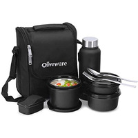 SOPL-OLIVEWARE Teso Pro Lunch Box with Steel Cutlery,3 Microwave Safe Inner Steel Containers with Bpa Free Lids(290Ml,450Ml&600Ml) Plastic Pickle Box(130Ml) Steel Water Bottle(750Ml)-Black,600 ML