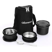 SOPL-OLIVEWARE Oliveware Boss Pro Lunch Box With Steel Spoon, Microwave Safe & Leak Proof, 3 Inner Steel Containers With Bpa Free Airtight Lids (290Ml, 450Ml, & 600Ml), Fabric Bag (Black)