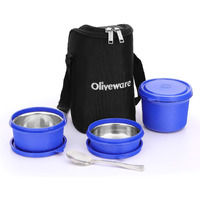 SOPL-OLIVEWARE Oliveware Boss Pro Lunch Box With Steel Spoon, Microwave Safe & Leak Proof, 3 Inner Steel Containers With Bpa Free Airtight Lids (290Ml, 450Ml, & 600Ml), Fabric Bag (Blue)