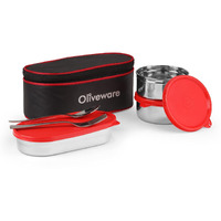Oliveware Sophia Lunch Box, Spoon & Fork, 100% Leak Proof, 3 Stainless Steel Container with BPA Free Lids (550ml, 350ml & 350ml), Fabric Bag - Red