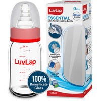 LuvLap Essential Slim Neck Glass Feeding Bottle, 125ml, 0m+/Babies Upto 3 Years, Made of Borosilicate Glass, BPA Free, Ergonomic Shape is Easy to Hold, with Anti Colic Nipple, White & Red, Pack of 1