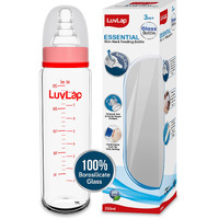 LuvLap Essential Slim Neck Glass Feeding Bottle, 250Ml, 3M+/Babies Upto 3 Years, Made of Borosilicate Glass, Bpa Free, Ergonomic Shape is with Anti Colic Nipple, Pack of 1, White & Red