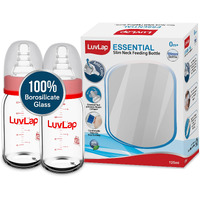 LuvLap Essential Slim Neck Glass Feeding Bottle, 125ml, 0m+/Babies Upto 3 Years, Made of Borosilicate Glass, BPA Free, Ergonomic Shape is Easy to Hold, with Anti Colic Nipple, Pack of 2, White & Red