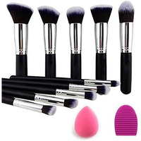 URBANMAC Premium Synthetic Kabuki Foundation Face Powder Blush Eyeshadow Brush Makeup Brush Kit with Blender Sponge and Brush Cleaner (10 pcs, Black/Silver)