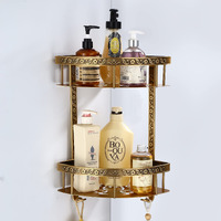 Plantex Aluminium 2 Tier Corner Shelf for Bathroom/Living Room Corner Shelf with Hooks/Premium Bathroom Organizer (Brass-Antique Finish)