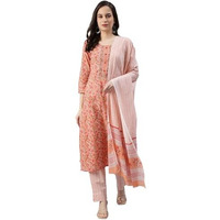 Vaamsi Women s Rayon Blend Floral Printed Straight Kurta Pant With Dupatta (VKSKD1043E_Peach_S)