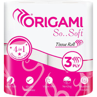 Origami 3 Ply Soft And Highly Absorbent Toilet Tissue Paper | 100% Natural Virgin Cellulose Fiber - Pack of 4 (340 Pulls Per Roll, 1360 Sheets)