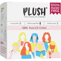 Plush 100% Pure US Cotton Ultra-Thin Rash Free Natural Sanitary Pads for Women | Vegan & Paraben Free | For Normal-Sensitive Skin (Large + XL, 14)