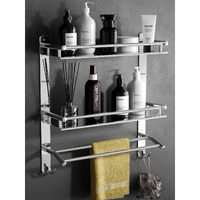 GRIVAN Multipurpose Stainless Steel Double Layer Shelf with Towel Rod I Multipurpose Wall Mount Bath Shelf Organizer l Bathroom Shelf and Rack I Bathroom Accessories - Chrome Finish, Silver