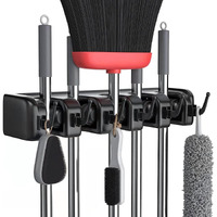 Zeinwap Plastic Mop And Broom Holder Wall Mount, Heavy Duty Broom Holder Wall Mounted Or Tool Organizer For Home Garden Garage And Storage (5 Positions With 6 Hooks, Black)