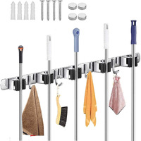 Zeinwap Broom Mop Holder Wall Mount Stainless Steel Wall Mounted Storage Organizer Heavy Duty Tools Hanger With 5 Racks 4 Hooks For Kitchen Bathroom Closet Garage Office Garden, Hanging Shelves
