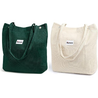 Kawn Women Corduroy Shopper Tote Bag Canvas Shoulder Purse Reusable Shopping Bag Grocery Bag Large Capacity Washable Handbag Shoulder Bag With Inner Pocket For Daily Use (Green + Beige)