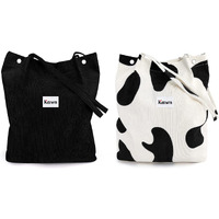 Kawn Women Corduroy Western Tote Bag Canvas Shoulder Purse Reusable Shopping Grocery Bag Large Capacity Washable Handbag Girls Shoulder Bag With Inner Pocket For Daily Use Work Travel (Black + Cow)