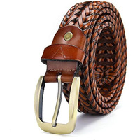 VOGARD Mens Braided Genuine Leather Original Branded Belt | Woven Leather Belt for Casual Pants with Brass Buckle| Micro Adjustable (Tan)