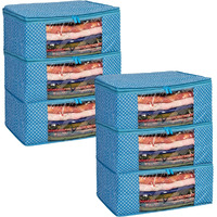 Homestrap set of 6 Cotton Quilted 3 Layered Foldable Saree Covers/Clothes Storage Bag/Wardrobe Organizer With Transparent Window And Zip For Lehenga, Suit, Dress,& Accessories (Blue)